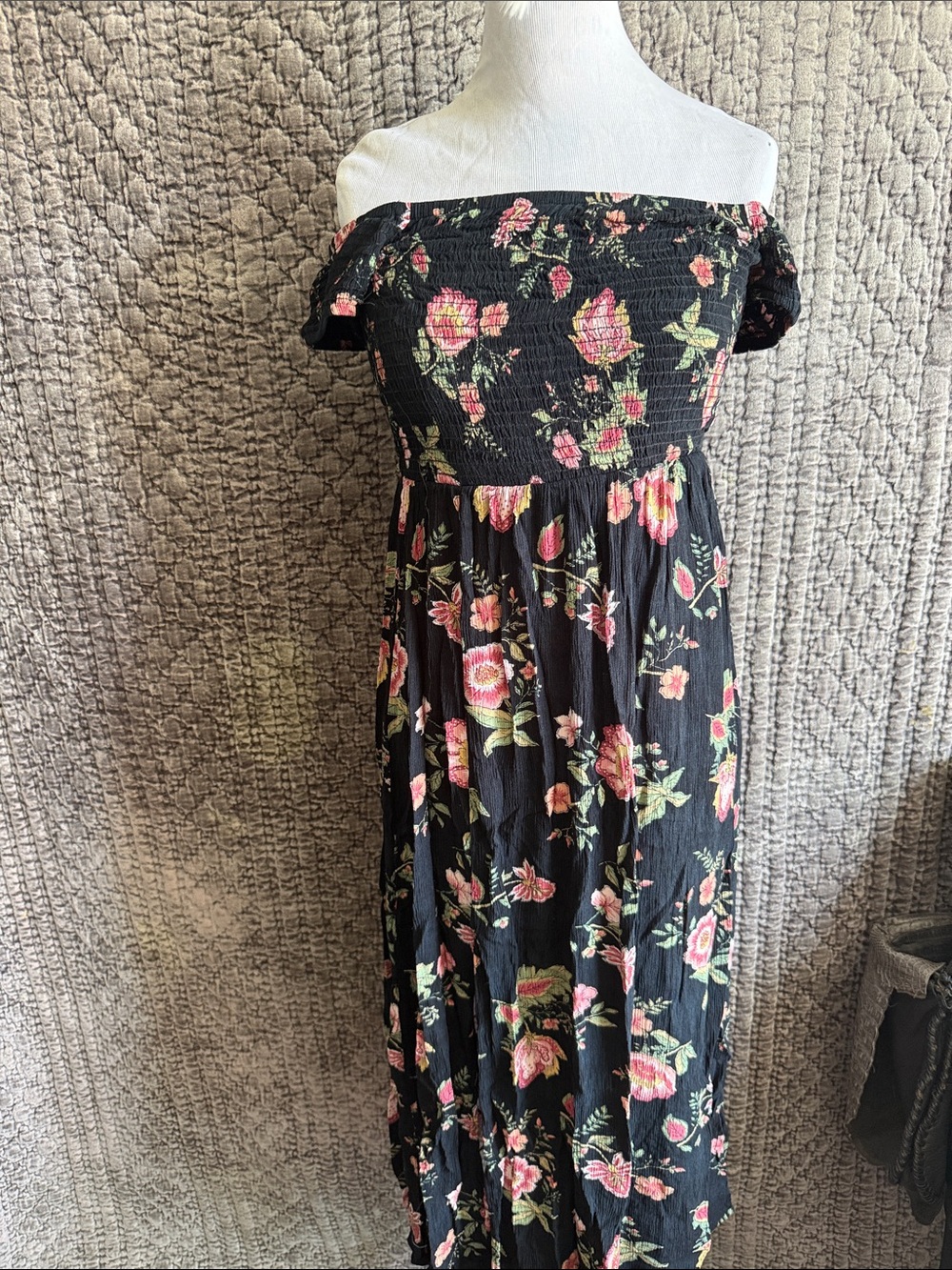 Floral Off-Shoulder Maxi Dress - Black with Pink Floral